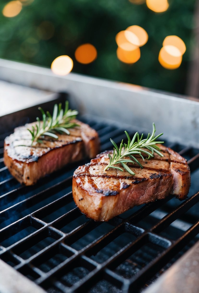 Two venison steaks sizzling on a hot grill, garnished with fresh rosemary sprigs