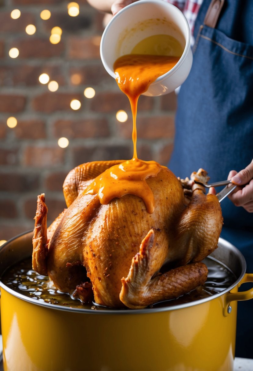 A whole turkey being deep-fried in a large pot of hot oil, with spicy buffalo sauce being drizzled over it