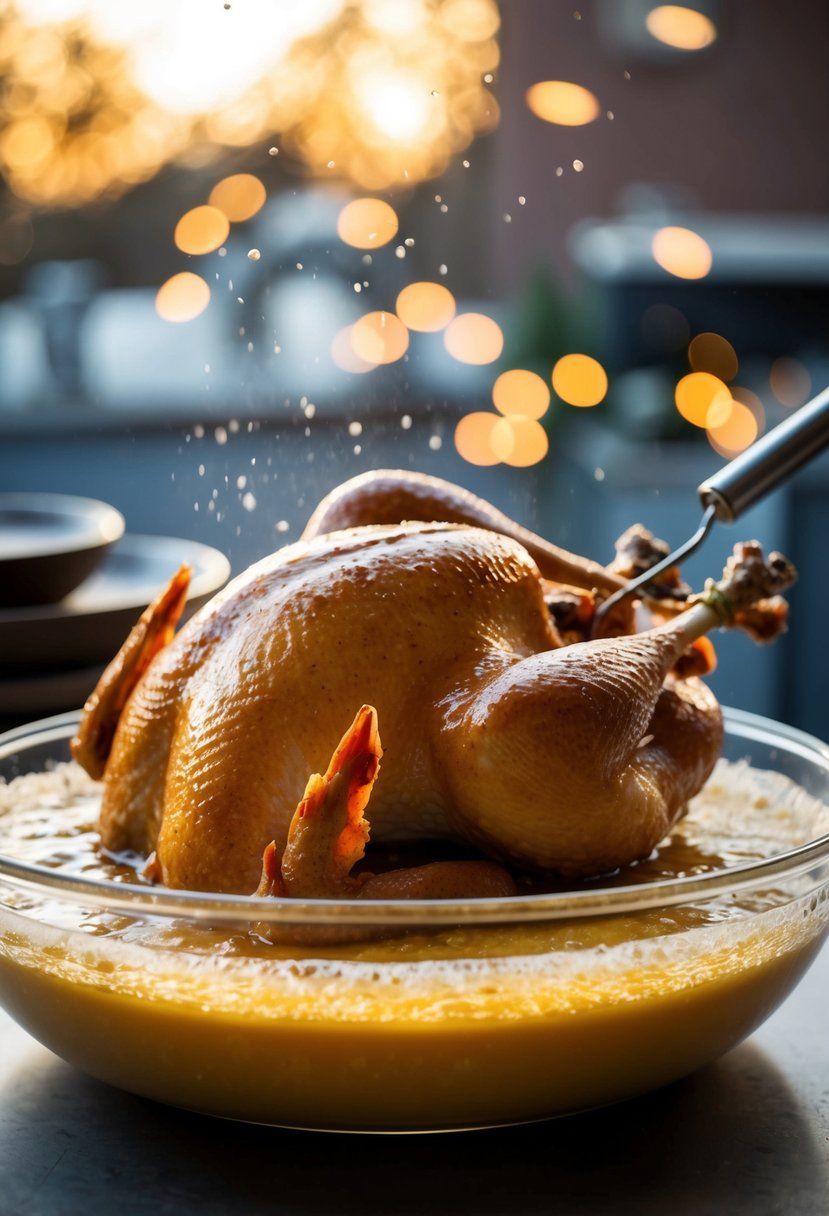 A large turkey submerged in bubbling honey bourbon batter, ready to be deep-fried to golden perfection