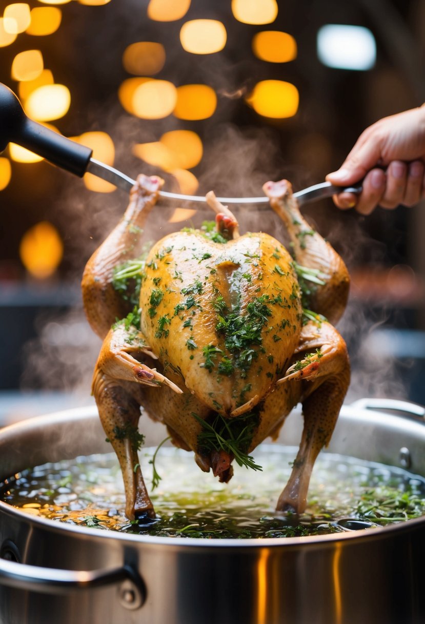 A whole turkey marinating in herbs, then being deep-fried in a large pot of bubbling oil