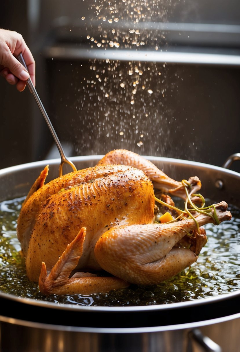 A large turkey being submerged in bubbling hot oil for deep-frying. The turkey is coated in Creole seasoning, creating a flavorful and crispy exterior