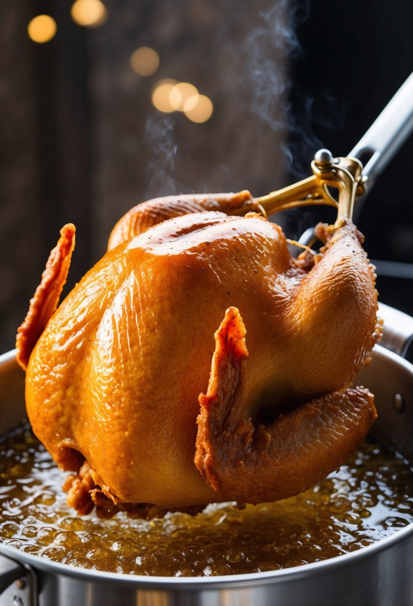 A golden-brown deep-fried turkey, glistening with a tangy orange glaze, sizzling in a bubbling fryer