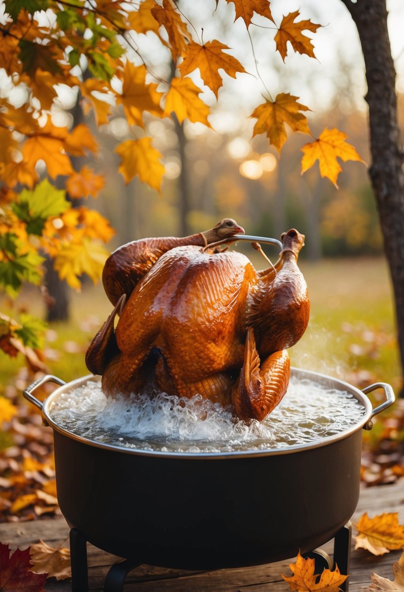 A large turkey submerged in a bubbling fryer, surrounded by autumn leaves and maple branches