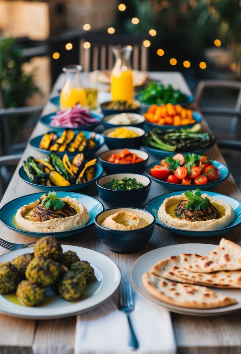 A table set with an array of colorful Mediterranean dishes, including grilled vegetables, hummus, falafel, and fresh pita bread