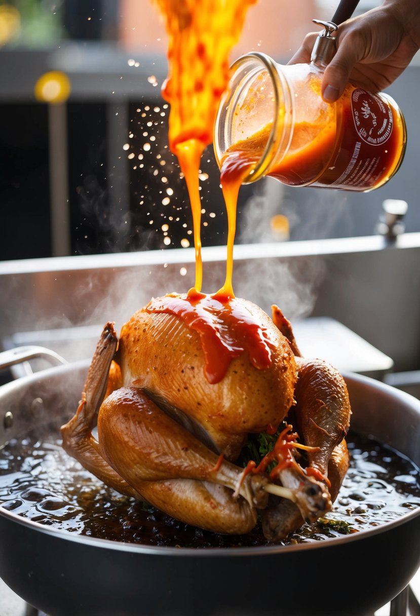 A whole turkey being deep-fried in a large pot of bubbling hot oil, with splashes of Sriracha sauce being drizzled over it