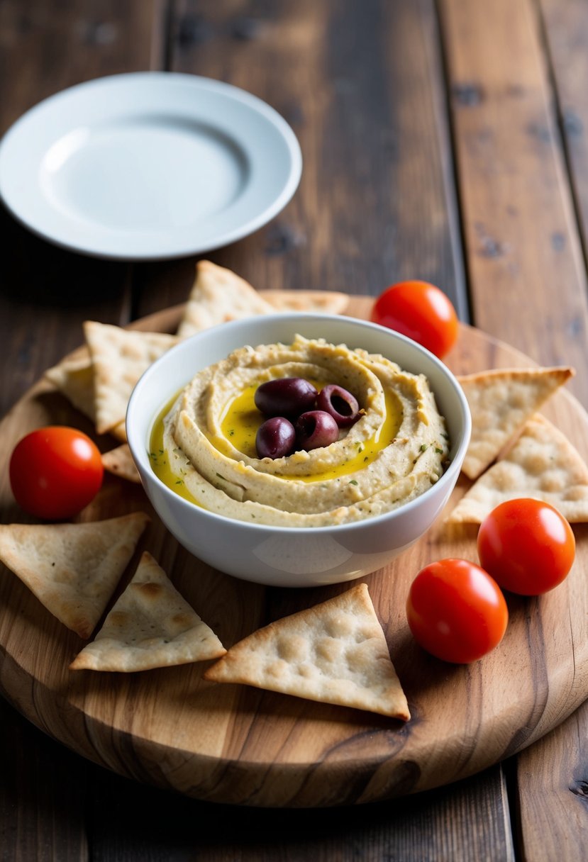 A bowl of hummus surrounded by neatly arranged pita chips, olives, and cherry tomatoes on a wooden serving board