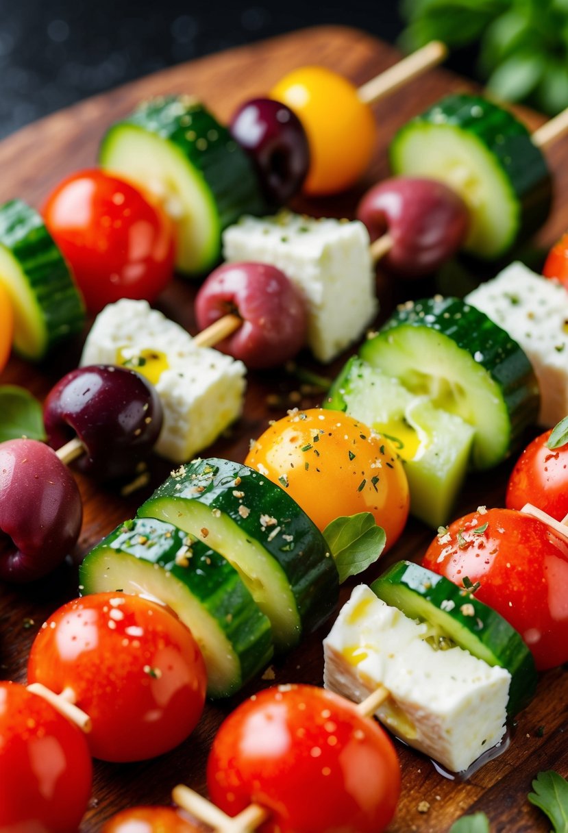 A colorful array of cherry tomatoes, cucumber chunks, feta cheese, and olives skewered on wooden sticks, drizzled with olive oil and sprinkled with oregano