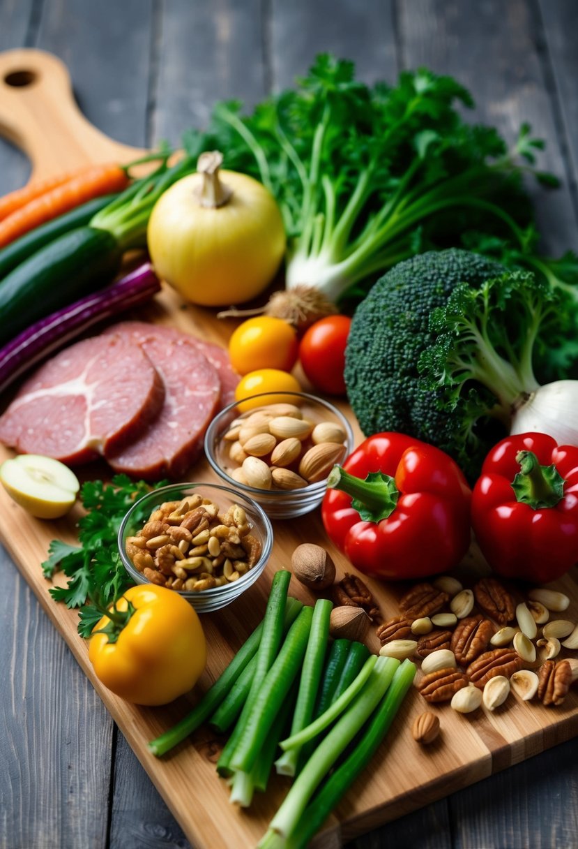 A variety of keto-friendly ingredients arranged on a wooden cutting board, including fresh vegetables, lean meats, and nuts