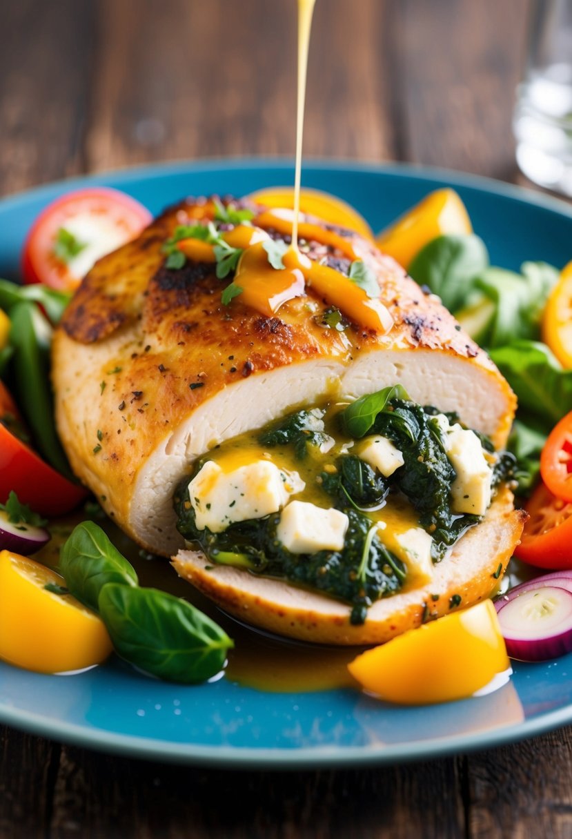 A golden-brown chicken breast stuffed with spinach and feta, surrounded by colorful Mediterranean vegetables and drizzled with a savory sauce