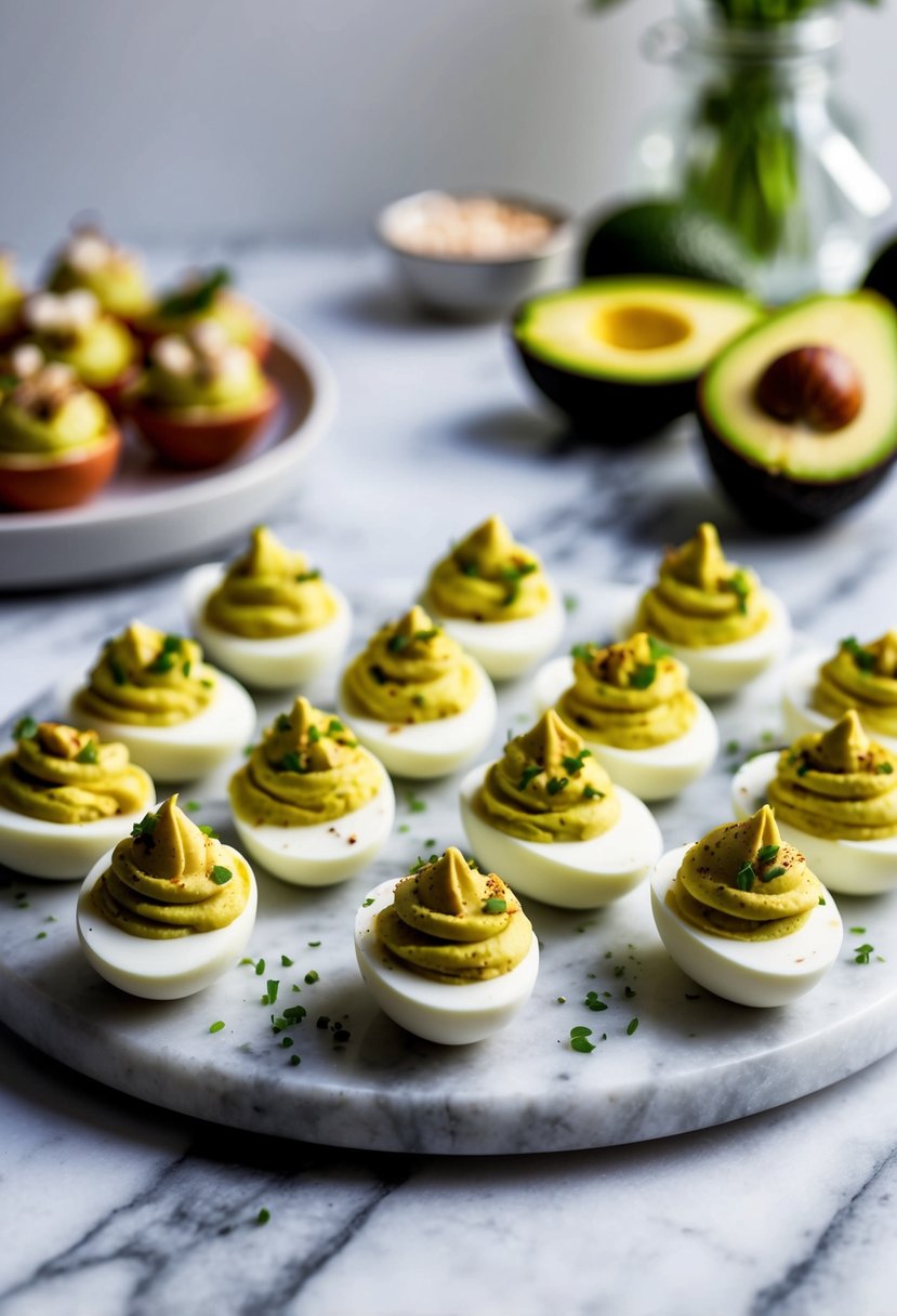 A platter of keto avocado deviled eggs on a marble surface with decorative garnishes