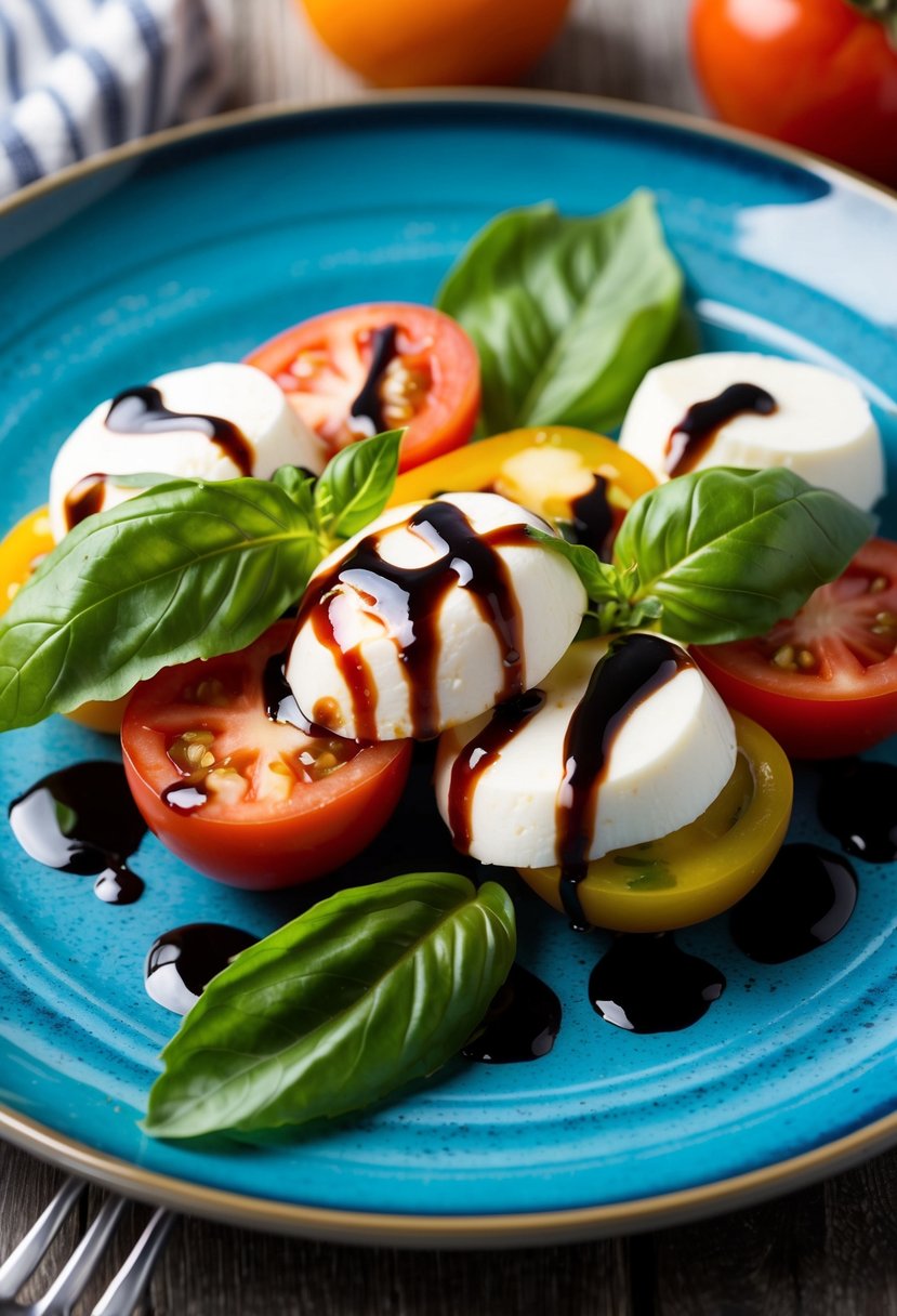 A colorful plate of Caprese salad with a Mediterranean twist, featuring ripe tomatoes, fresh mozzarella, basil leaves, and a drizzle of balsamic glaze