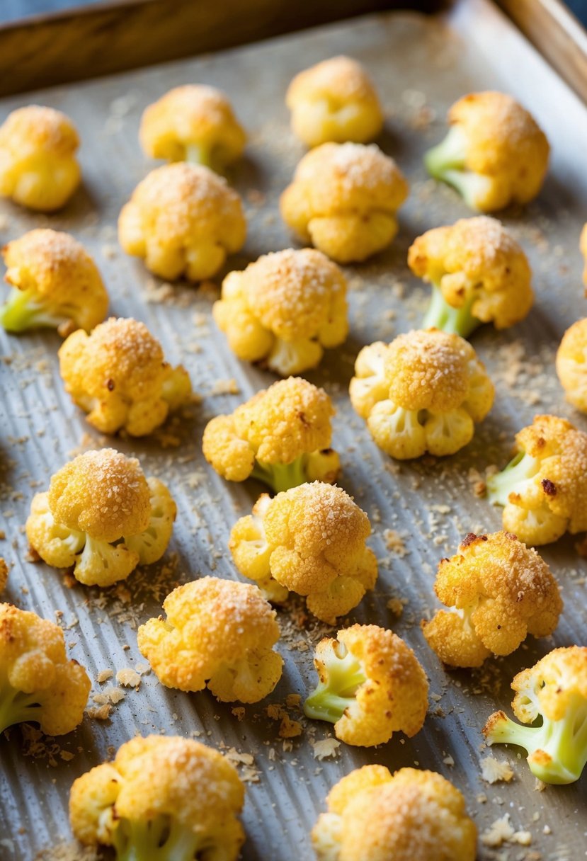 A baking sheet lined with golden-brown cauliflower bites coated in crispy Parmesan, ready to be served as a keto and dairy-free appetizer