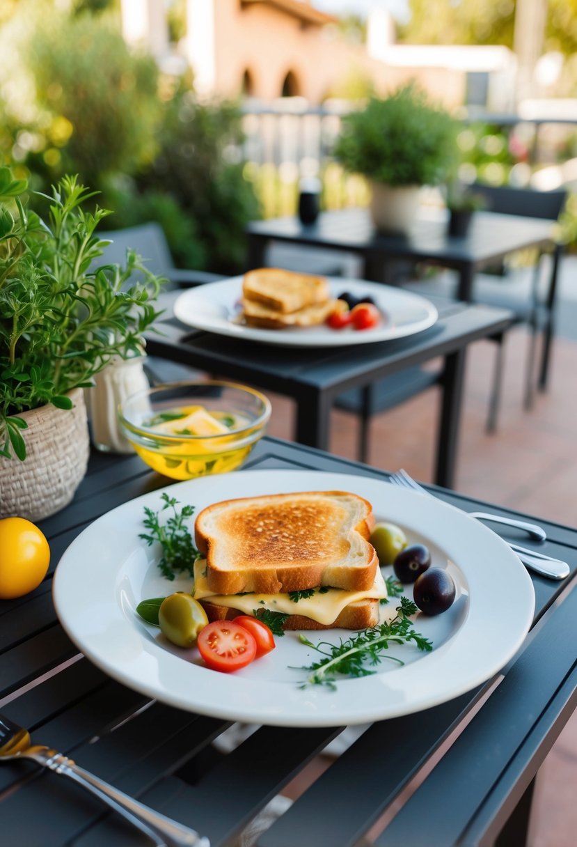 A sunny outdoor patio with a table set for two, featuring a Mediterranean-style grilled cheese sandwich surrounded by colorful Mediterranean ingredients like olives, tomatoes, and fresh herbs