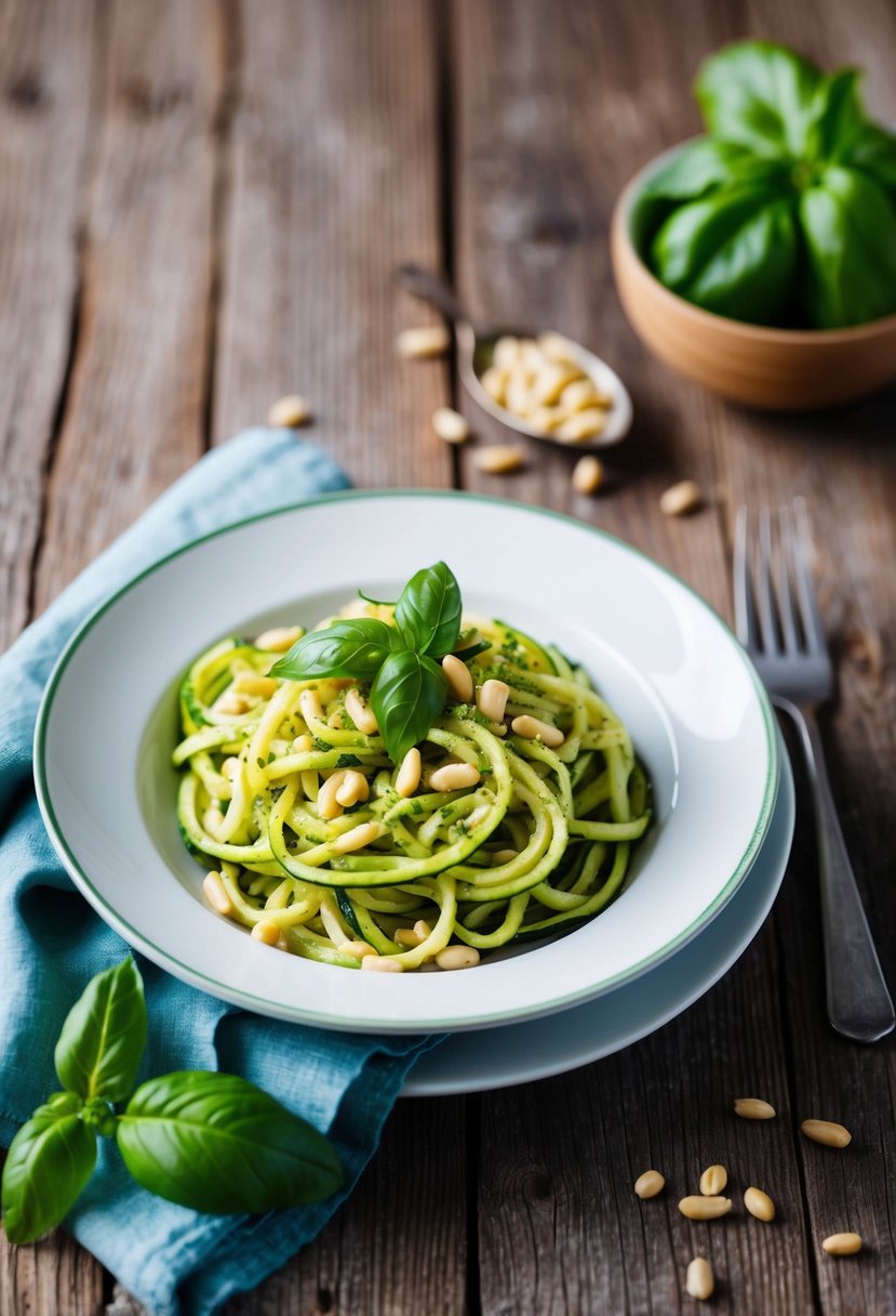 A plate of zucchini noodles with pesto sauce, garnished with pine nuts and fresh basil, sits on a rustic wooden table