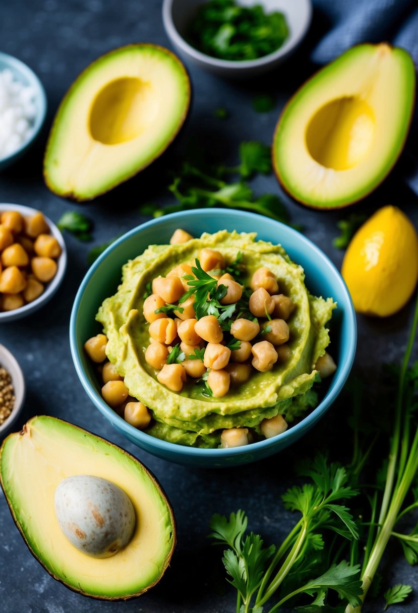 A bowl of chickpea and avocado mash surrounded by fresh Mediterranean ingredients