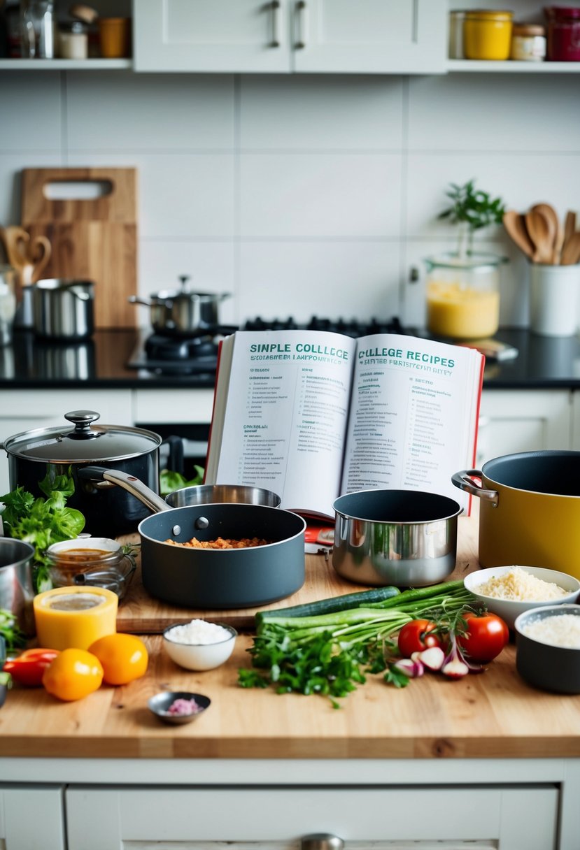 A cluttered kitchen counter with a cutting board, various ingredients, pots and pans, and a cookbook open to a page of simple college recipes