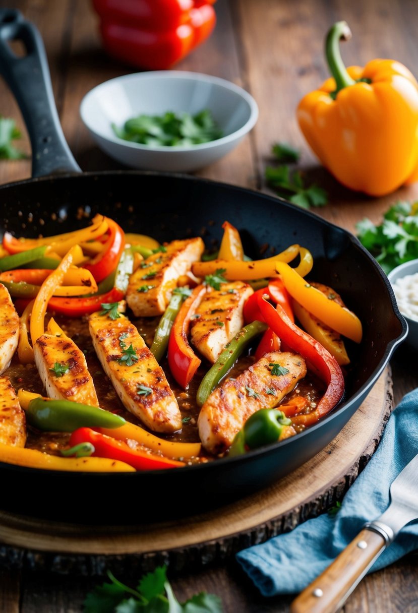 A sizzling skillet filled with colorful bell peppers, tender strips of chicken, and gooey melted cheese, all seasoned with savory fajita spices