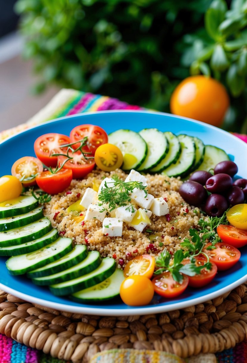 A colorful spread of quinoa, tomatoes, cucumbers, olives, and feta cheese arranged on a vibrant platter, with a drizzle of olive oil and a sprinkle of fresh herbs