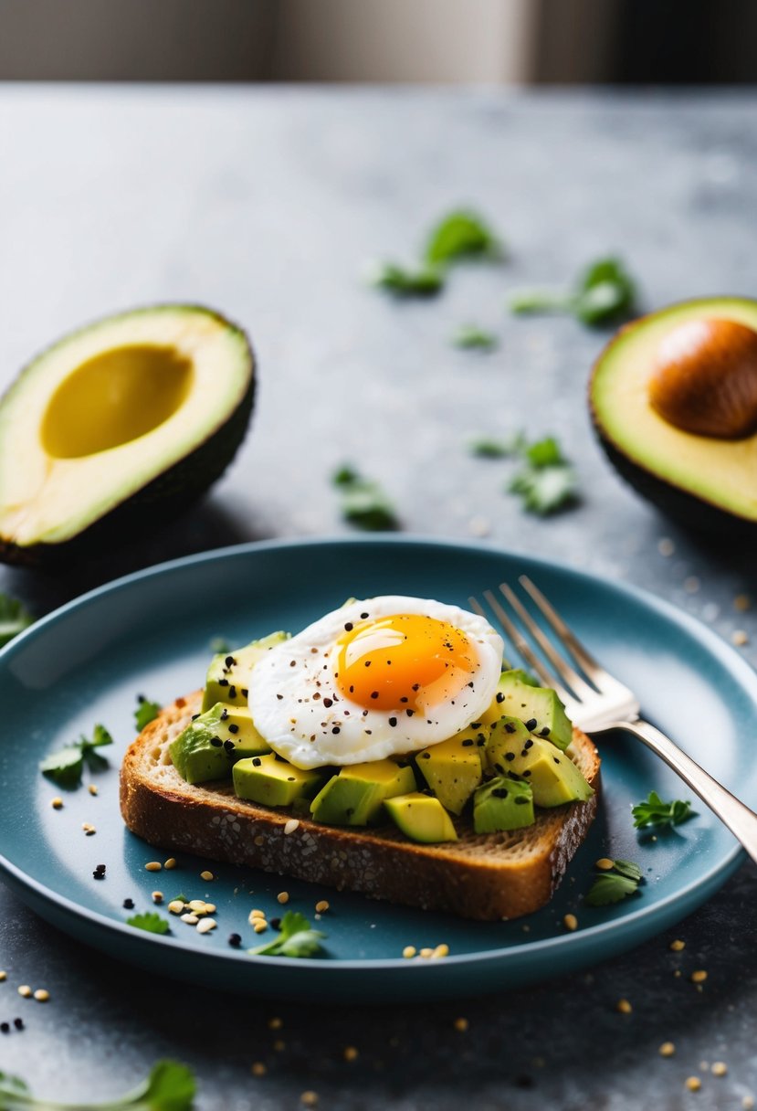 A plate holds avocado toast topped with a poached egg, surrounded by scattered ingredients and a fork