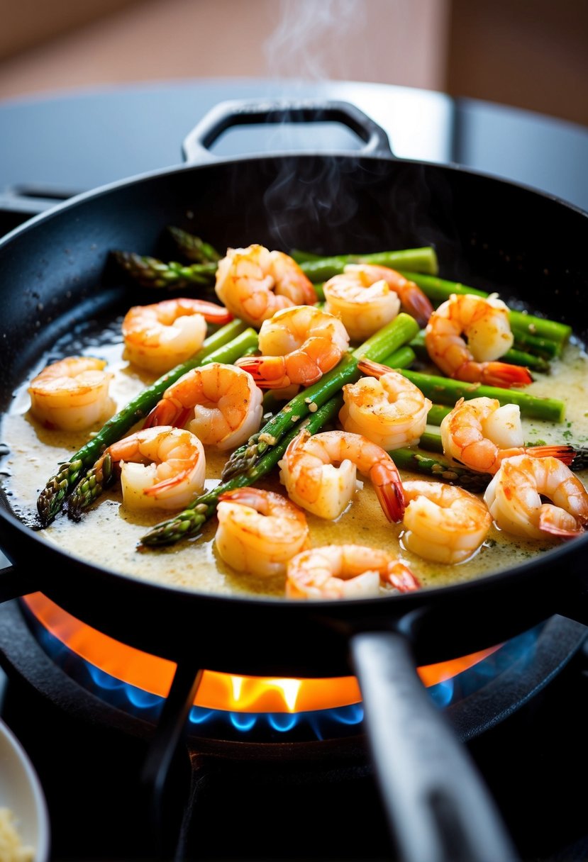 A sizzling skillet with garlic butter shrimp and asparagus cooking over a flame