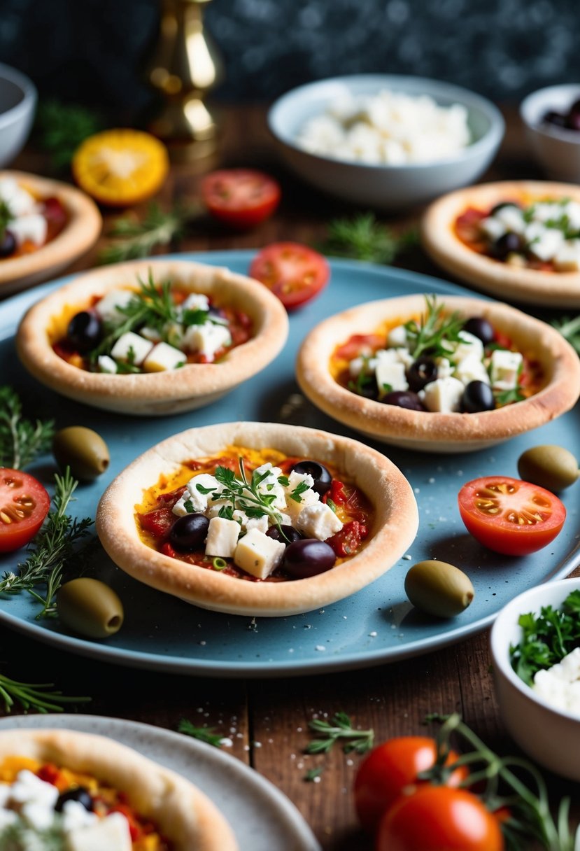 A table set with mini Greek pita pizzas surrounded by Mediterranean ingredients like olives, feta cheese, tomatoes, and herbs