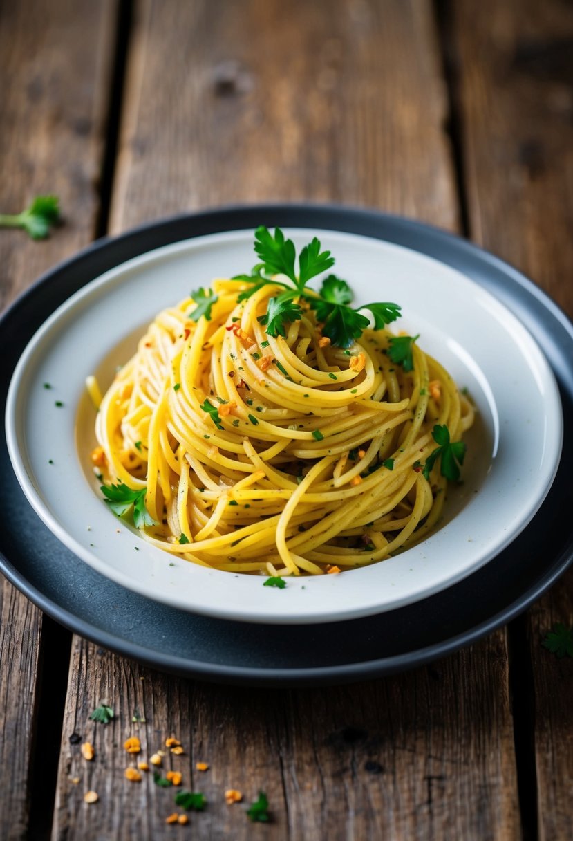 A steaming plate of spaghetti Aglio e Olio on a rustic wooden table, garnished with fresh parsley and red pepper flakes