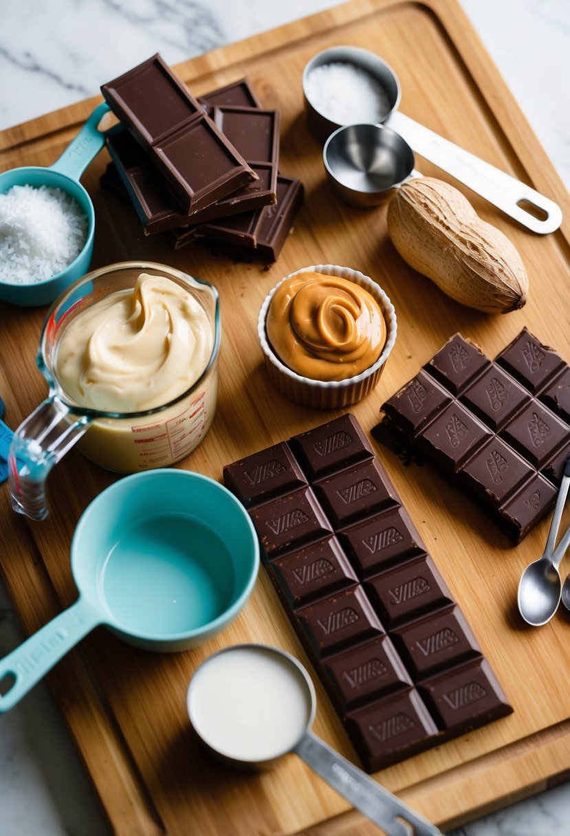 A wooden cutting board with a variety of ingredients including chocolate, peanut butter, and coconut oil, surrounded by measuring cups and spoons