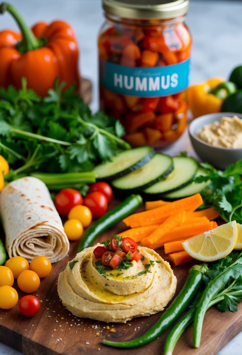 A colorful array of fresh vegetables, hummus, and wraps arranged on a wooden cutting board, with a jar of roasted red peppers in the background