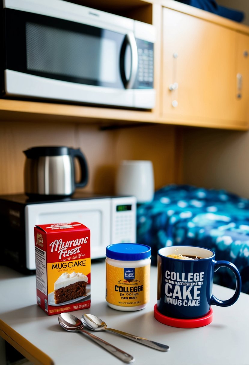 A college dorm room with a microwave, a mug, and ingredients for a quick and easy mug cake recipe