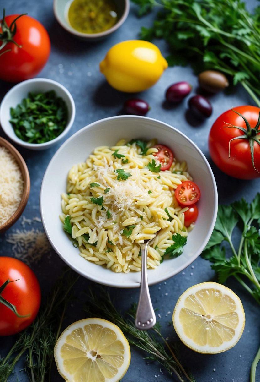 A bowl of Lemon Parmesan Orzo surrounded by colorful Mediterranean ingredients like tomatoes, olives, and fresh herbs