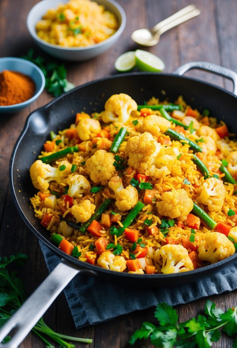 A sizzling skillet of spicy cauliflower rice stir fry with vibrant vegetables and aromatic spices