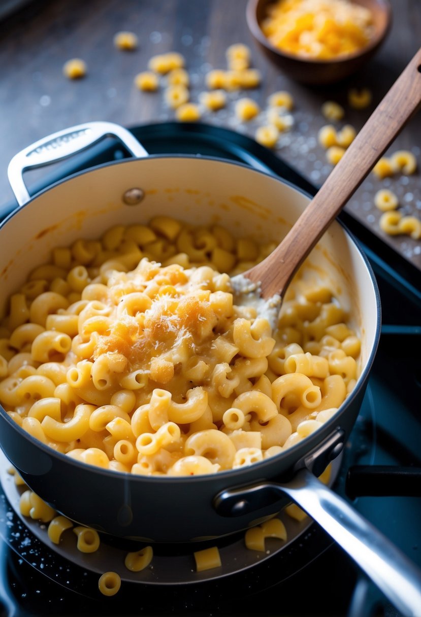 A bubbling pot of creamy mac and cheese simmering on a stovetop, surrounded by scattered cheese, pasta, and a wooden spoon