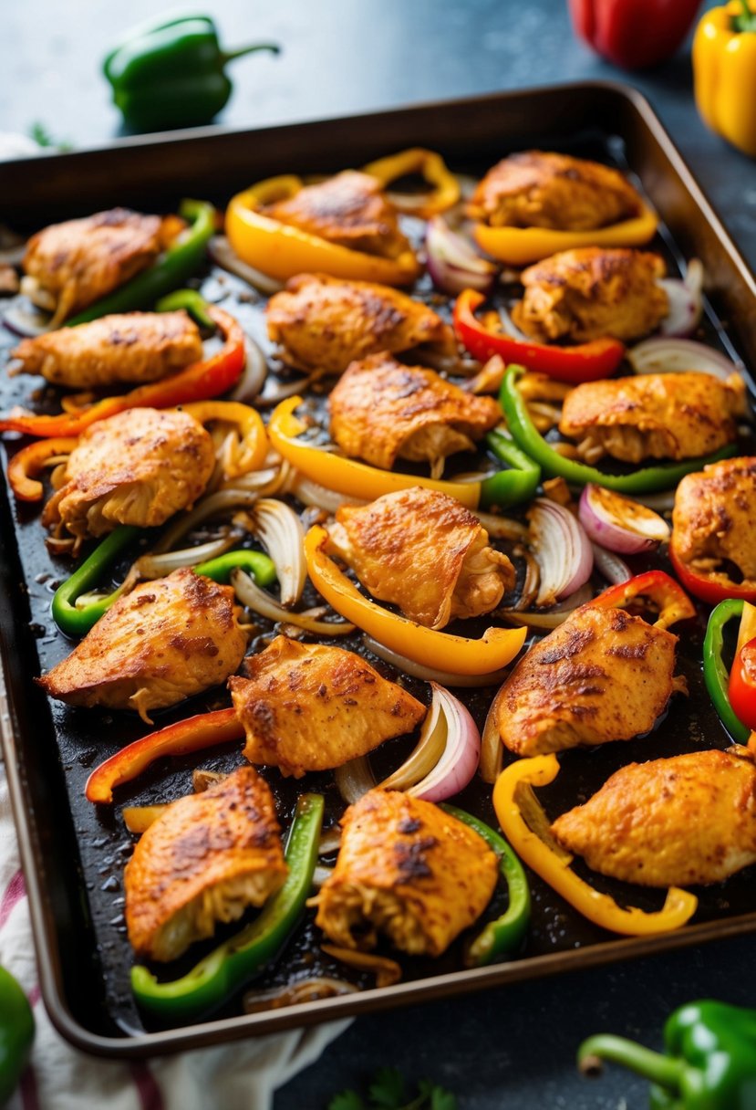 A sheet pan filled with sizzling chicken fajitas, colorful bell peppers, and onions, fresh from the oven