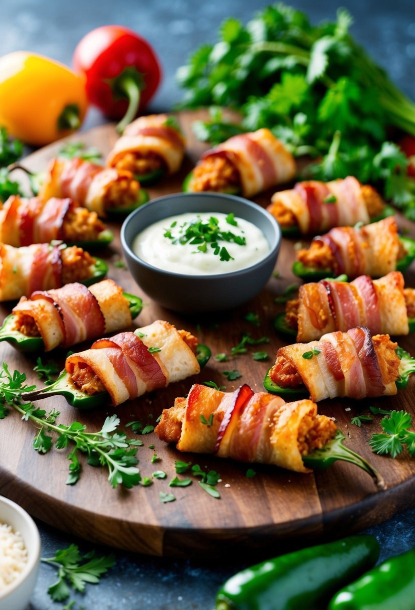 A platter of keto bacon-wrapped jalapeño poppers on a rustic wooden serving board, surrounded by fresh herbs and colorful vegetables