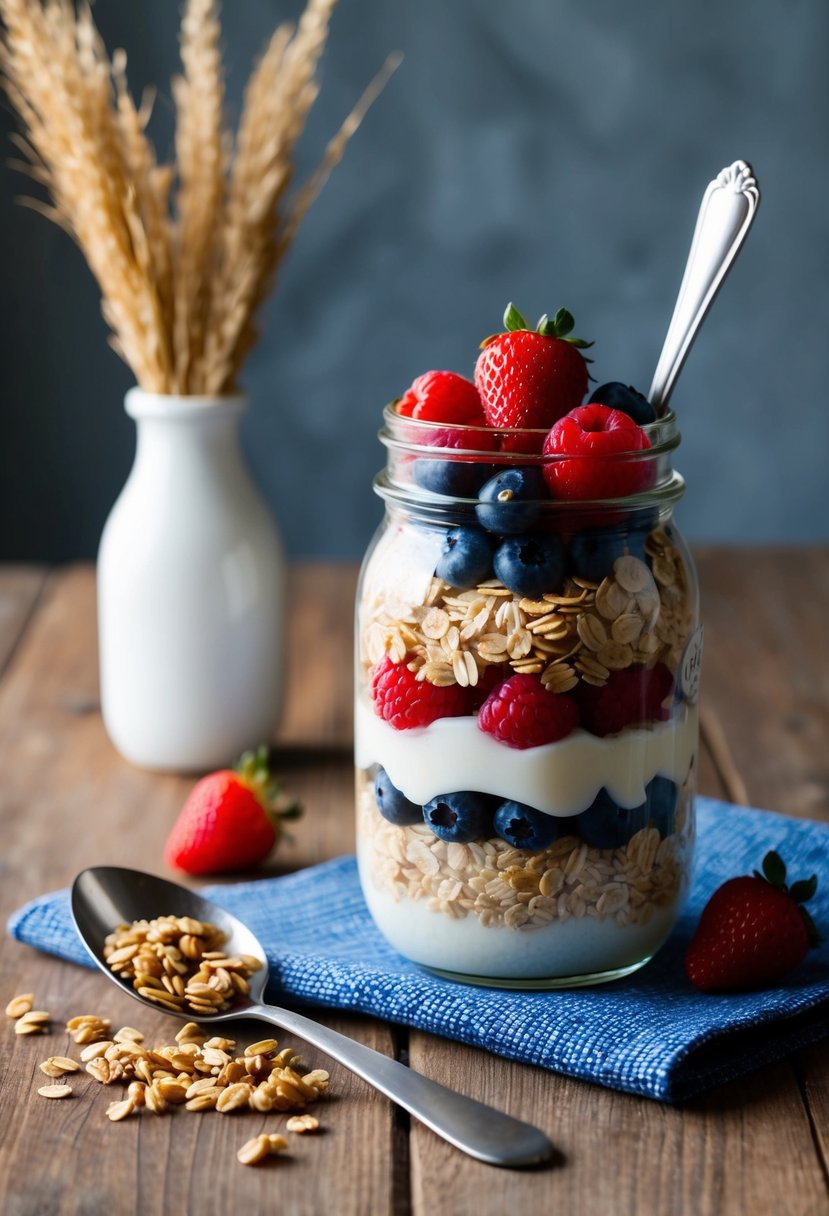 A mason jar filled with layers of oats, yogurt, and fresh berries sits on a wooden table next to a spoon and a scattering of granola