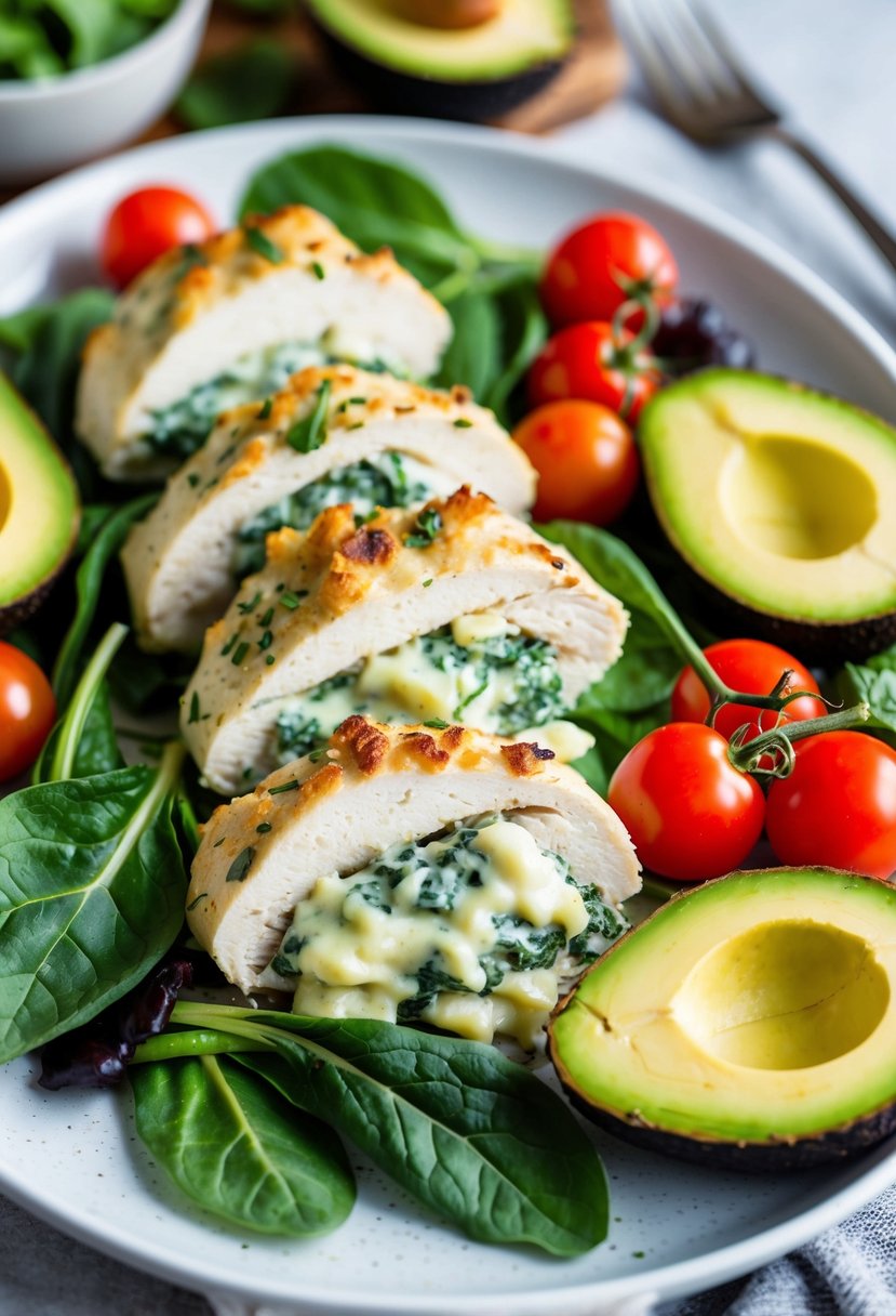 A platter of creamy spinach-stuffed chicken, surrounded by keto-friendly ingredients like avocado, cherry tomatoes, and leafy greens