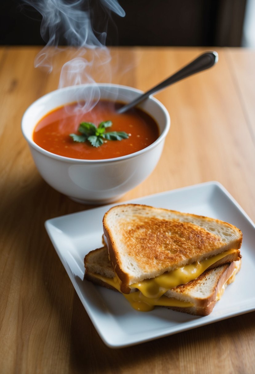 A steaming bowl of tomato soup sits beside a golden-brown grilled cheese sandwich on a white plate