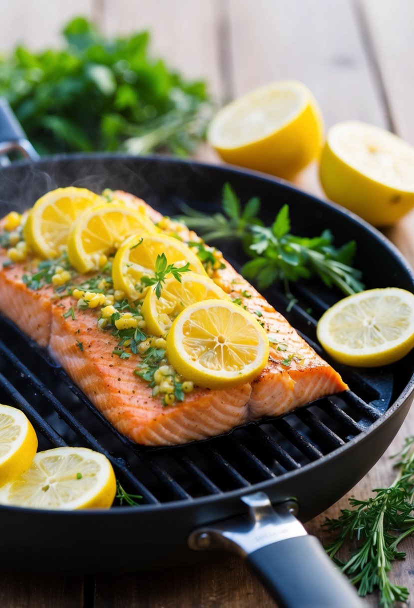 A salmon fillet sizzling on a grill, coated in a vibrant yellow lemon and garlic marinade, surrounded by fresh herbs and sliced lemons