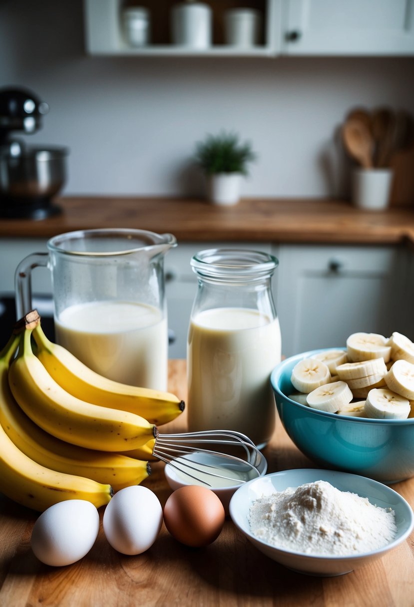 A kitchen counter with ingredients for banana pancakes: bananas, flour, eggs, milk, and a mixing bowl and whisk