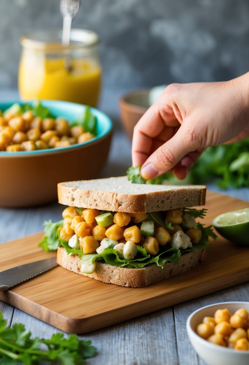 A colorful chickpea salad sandwich being assembled with fresh ingredients on a wooden cutting board