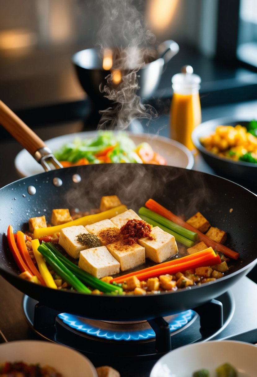 A sizzling wok with tofu, colorful vegetables, and aromatic spices