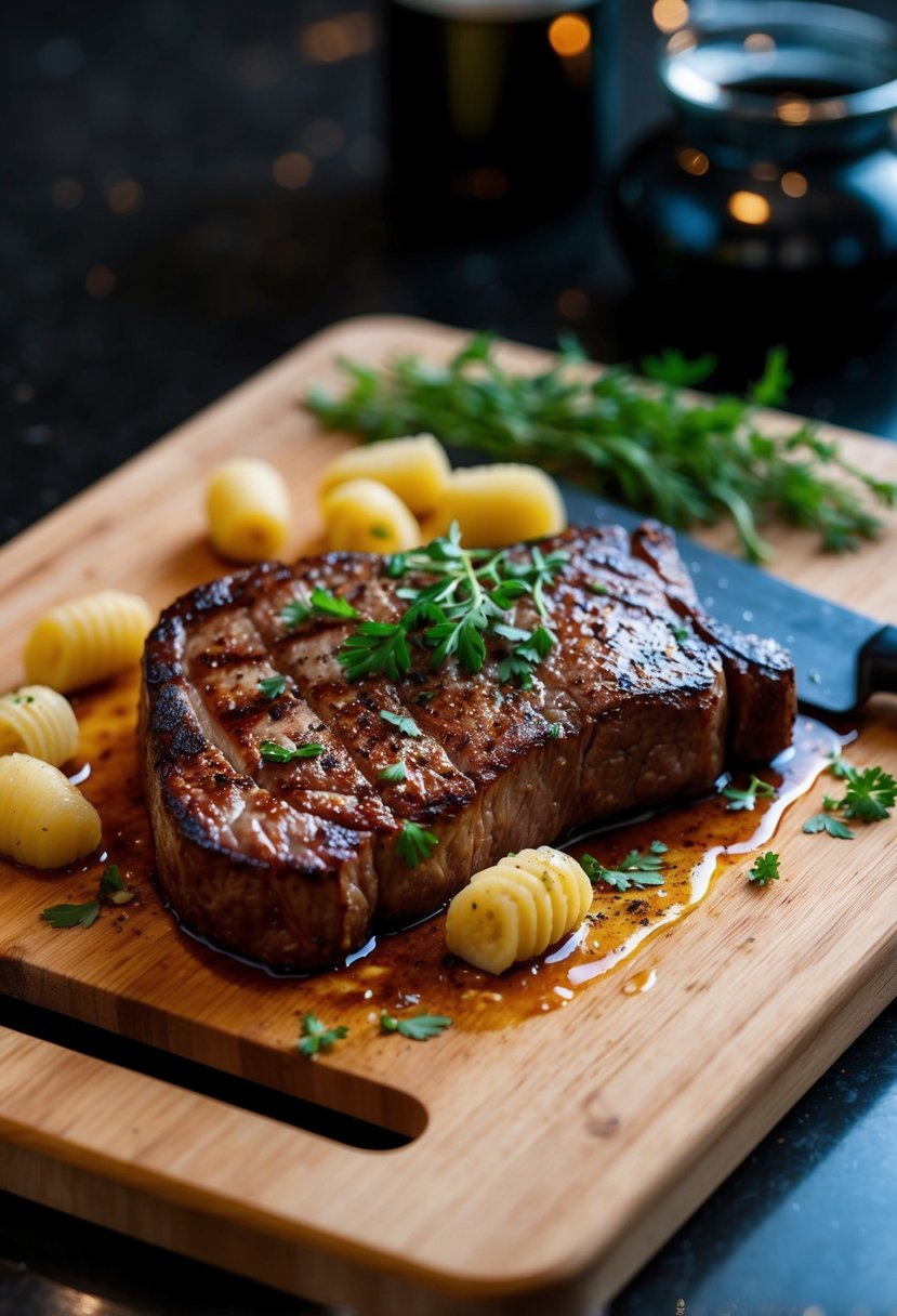 A sizzling steak with gnocchi and herbs on a wooden cutting board