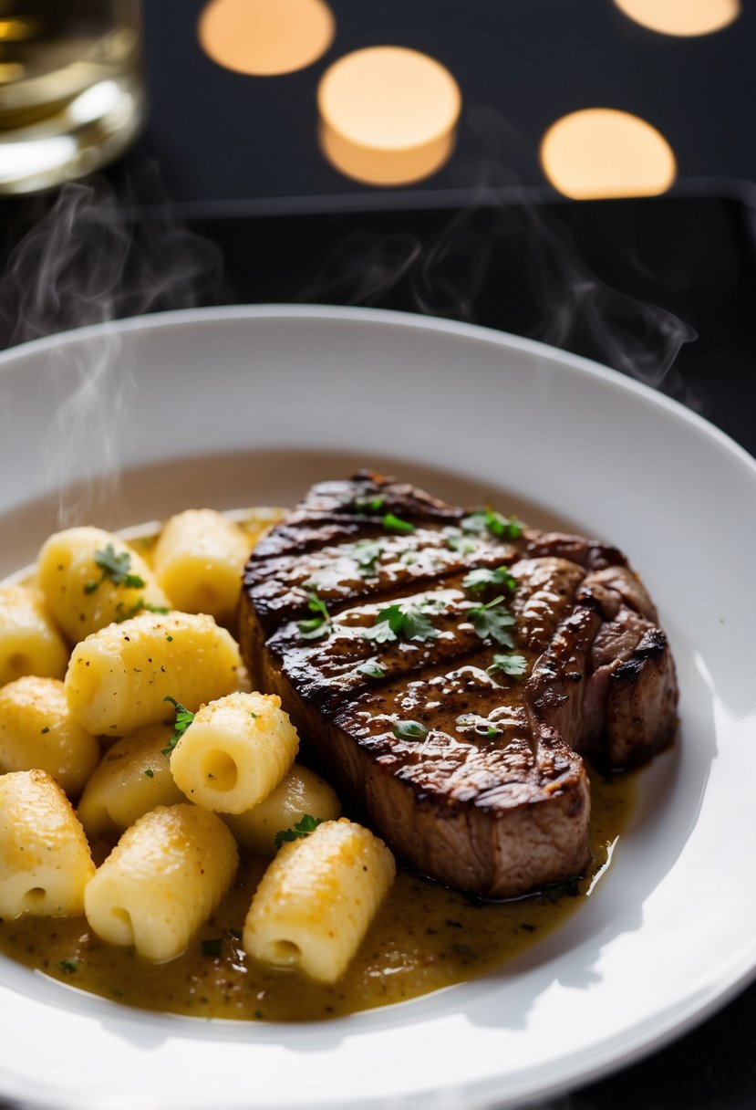 A sizzling steak rests on a bed of pillowy gnocchi, bathed in a rich garlic butter sauce