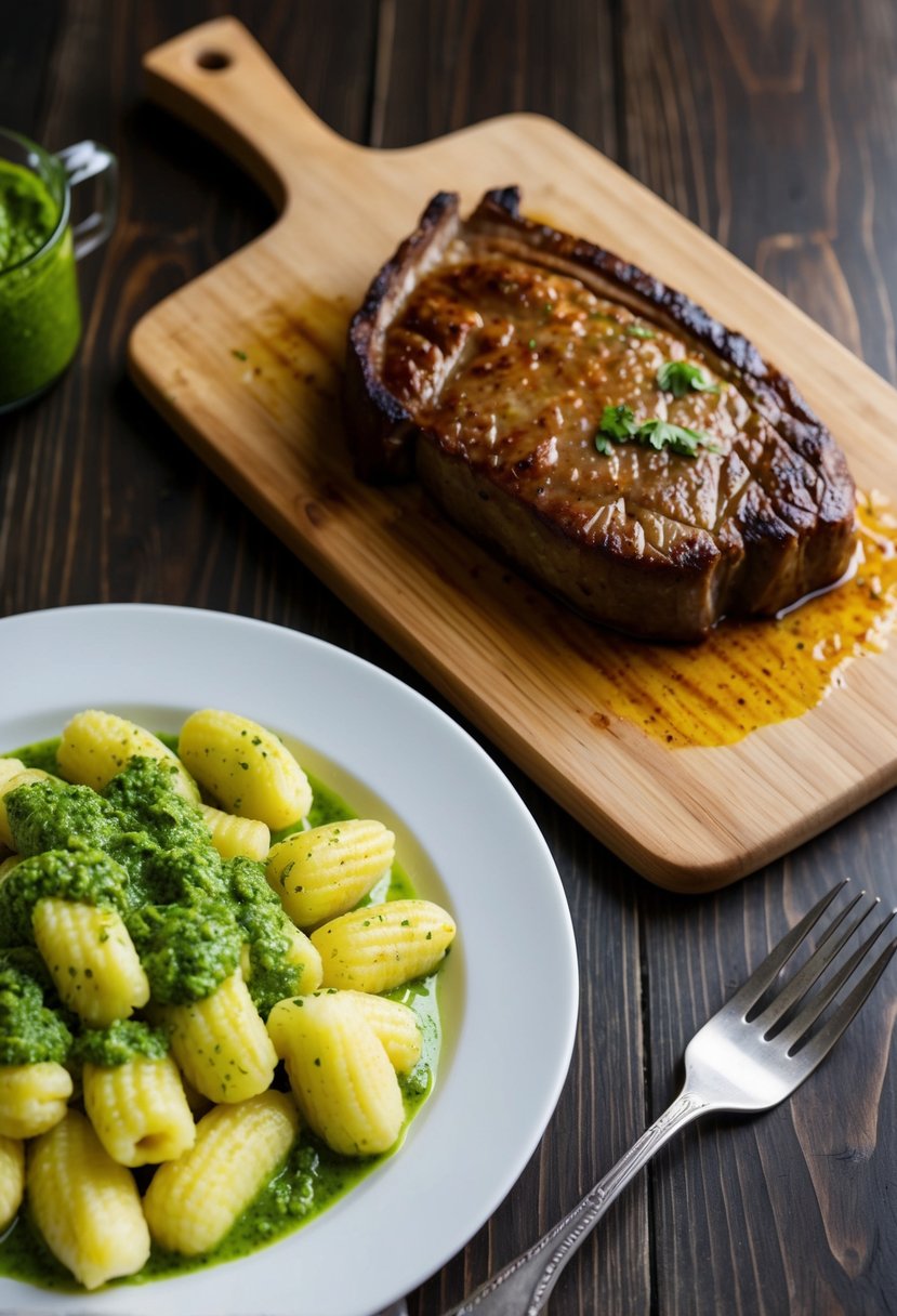 A sizzling steak rests on a wooden cutting board next to a plate of pillowy gnocchi covered in vibrant green pesto sauce