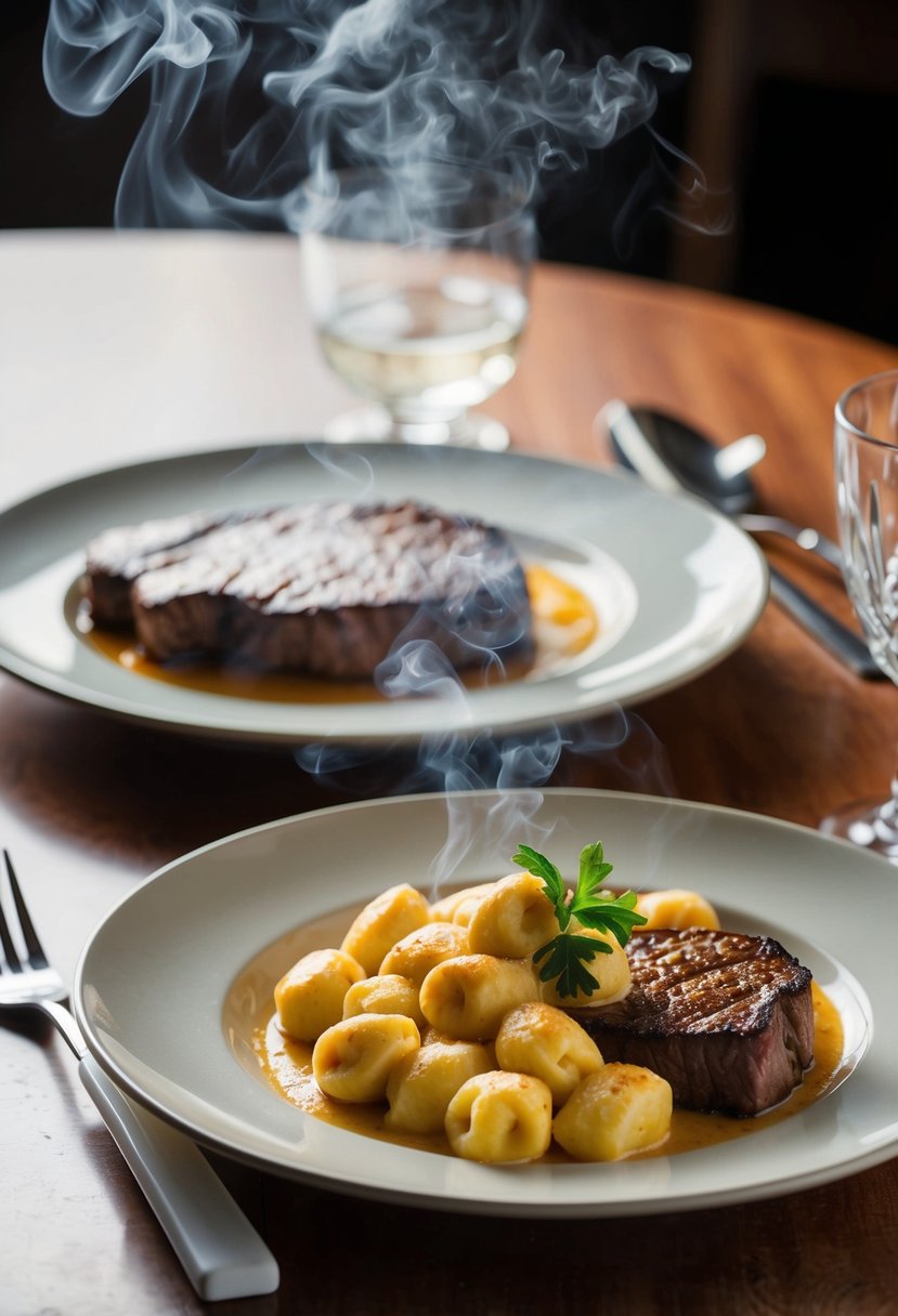 A table set with a steaming plate of creamy Gorgonzola gnocchi and a sizzling steak