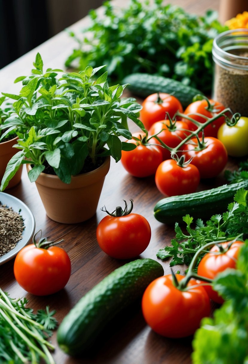 A table with fresh purslane, tomatoes, and cucumbers, surrounded by various herbs and spices