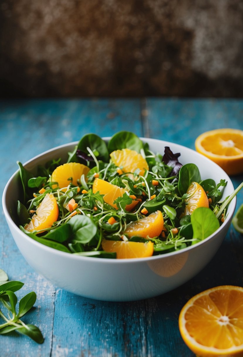 A vibrant bowl of purslane citrus salad with fresh greens and colorful citrus slices, set against a rustic backdrop