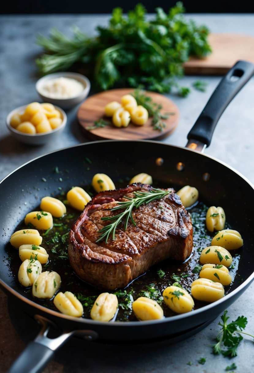 A sizzling ribeye steak sits on a hot pan, surrounded by herb-infused gnocchi and fresh herbs