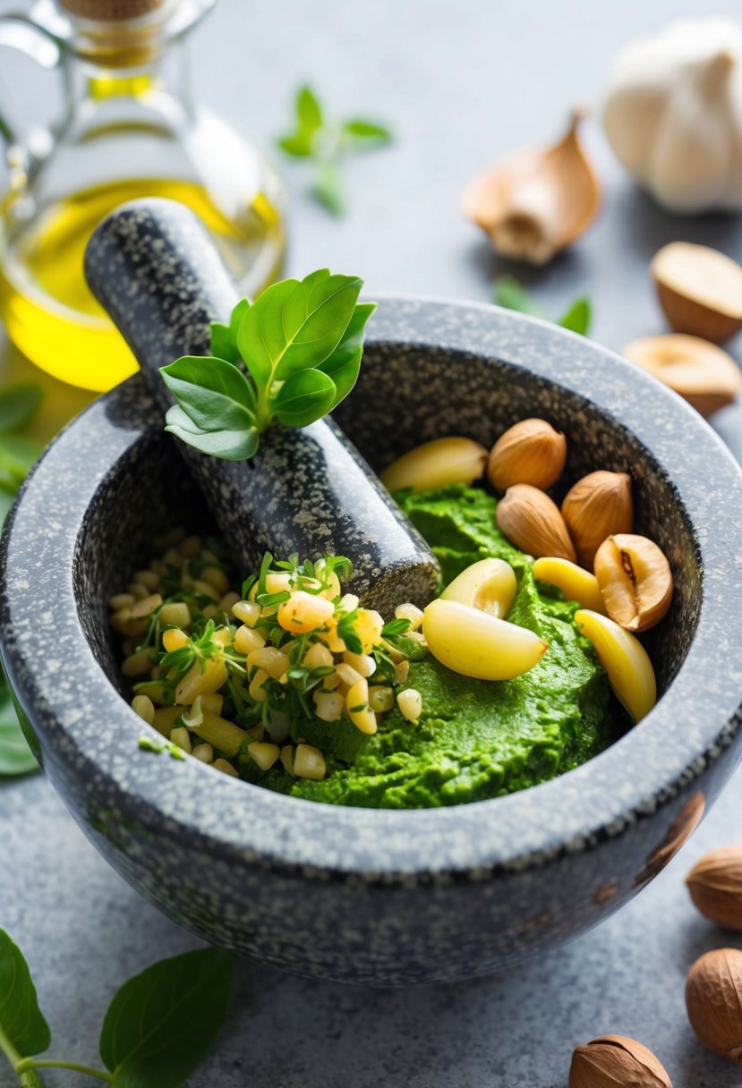 A mortar and pestle crushing purslane leaves, garlic, nuts, and olive oil. A vibrant green paste is being created