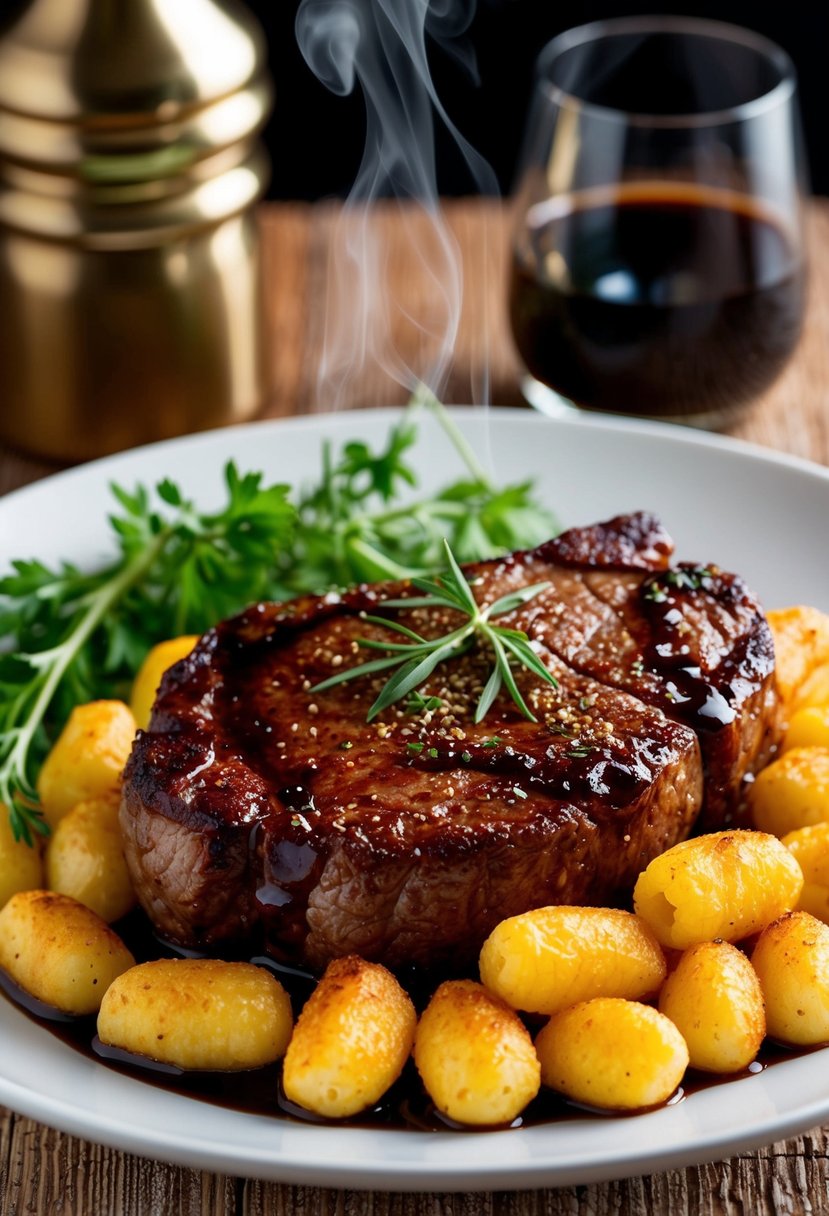 A sizzling steak covered in rich balsamic glaze sits next to a bed of golden roasted gnocchi, steam rising from the dish